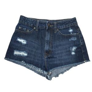 BDG High Rise Cheeky Denim Shorts Size 27 Dark Wash Distressed Raw Hem Cutoffs